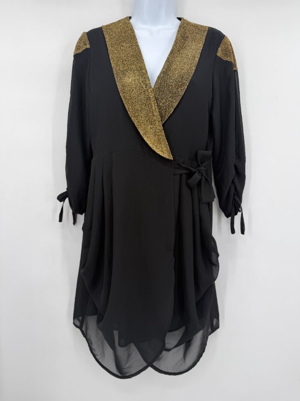 Zara Basic Women’s M Black Gold Metallic Wrap Draped Chiffon Tunic Top
